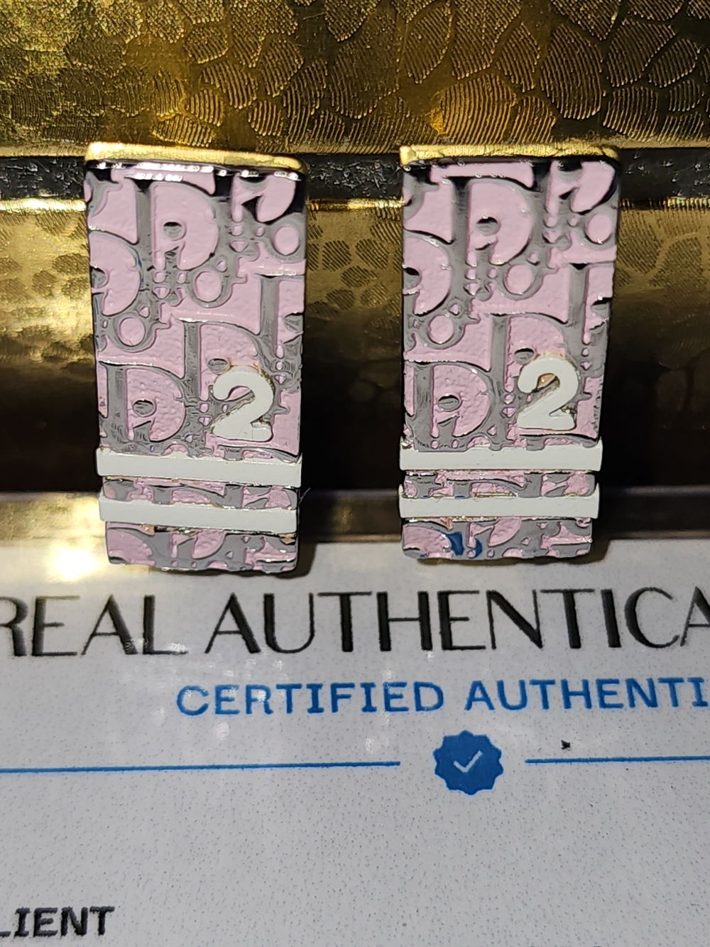 Dior Pink, White & Silver Trotter  Twist Clip-On Earrings $243 EUC   With COA